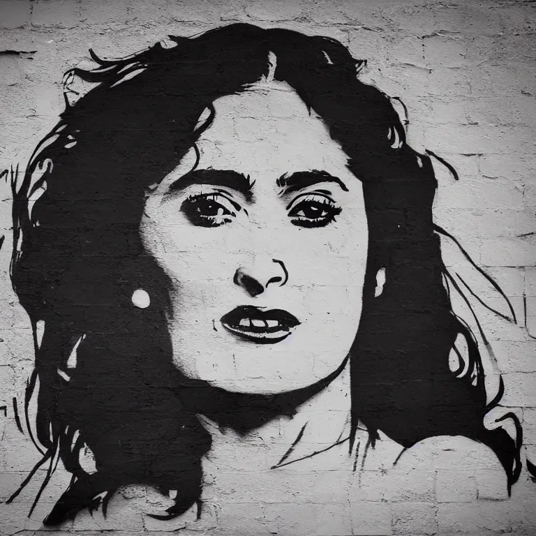 Image similar to Street-art portrait of Salma Hayek in style of Banksy, long hair like a waves around the face, photorealism, Sony a7R