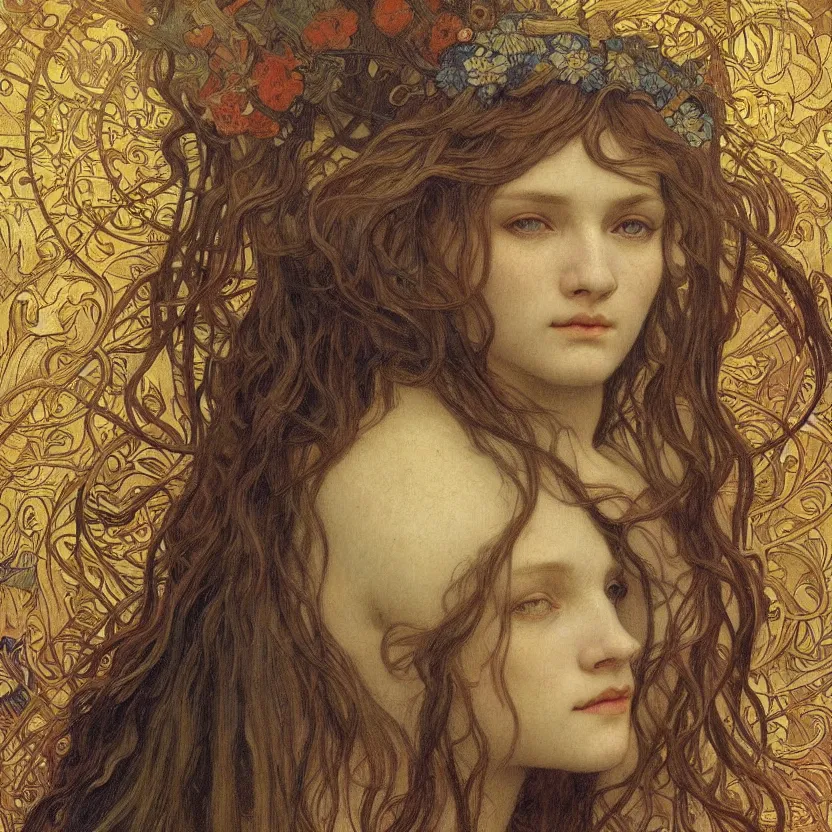 Image similar to detailed realistic beautiful young medieval queen face portrait by jean delville, alphonse mucha, vincent van gogh, and marco mazzoni, art nouveau, symbolist, visionary, gothic, pre - raphaelite