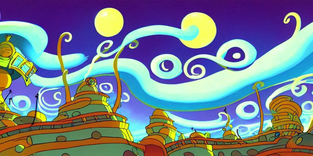 Image similar to night chubby cartoon concept art, spiral clouds, from sam and max