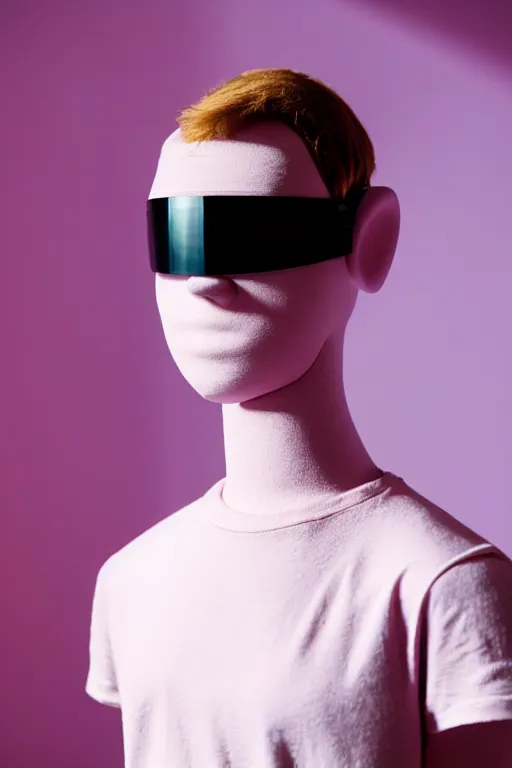 Prompt: a high definition film photograph of a normal androgynous robot human wearing a plain white t - shirt, in a pastel pink room. happy. mech visor covering eyes. crushed shadows.