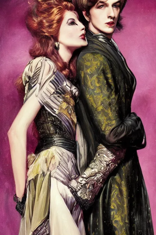 Image similar to a portrait of handsome young male 1960s glam rock star and his elegant beautiful glam witch wife, bored, illustration, dramatic lighting, soft details, painting oil on canvas, art nouveau, octane render, HDR, 4k, 8k, HD, by Edmund Blair Leighton, Brom, Charlie Bowater, trending on artstation, faces by Tom Bagshaw, Sargent