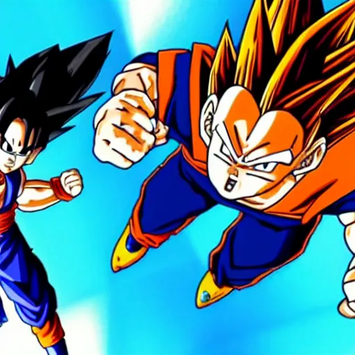 Image similar to a scene from dragonball z of jesus and goku having a standoff while flying above names in the style of dragonball z