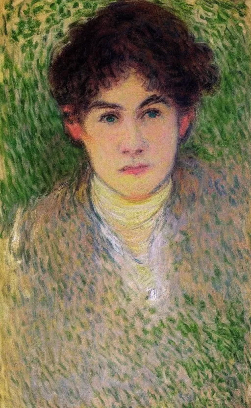 Image similar to portrait by claude monet!! of a woman!! looking at us, brown short hair, slight blush on face! forest!!!