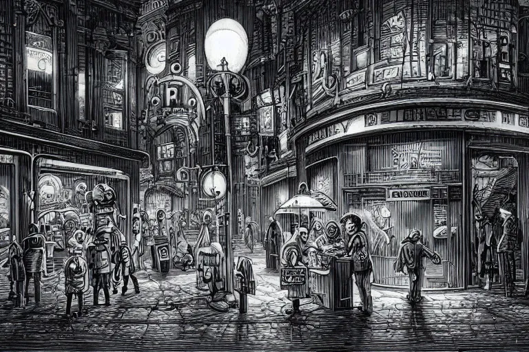 Image similar to a drawing of some people waiting in a lone bus stop in qiet dark city by Joe Fenton