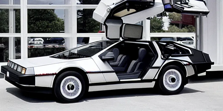 Image similar to Photoreal Cinematography of a photorealistic Delorean Time Machine From Back To The Future Parked in Twin Pines Mall in 1985 with one door open