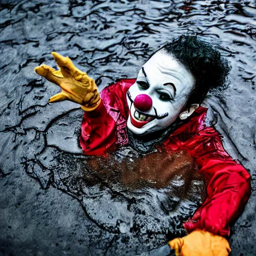 Prompt: A creepy clown emerging froma puddle of water, dramatic