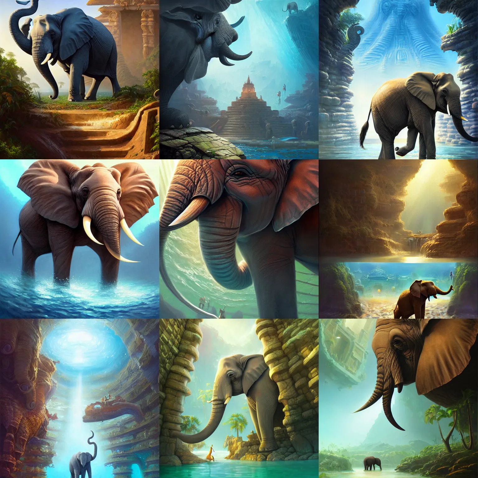 Prompt: an elephant discovering the lost city of atlantis, artstation, by nick silva and RHADS, intricate, elegant, highly detailed, digital painting, smooth, sharp focus