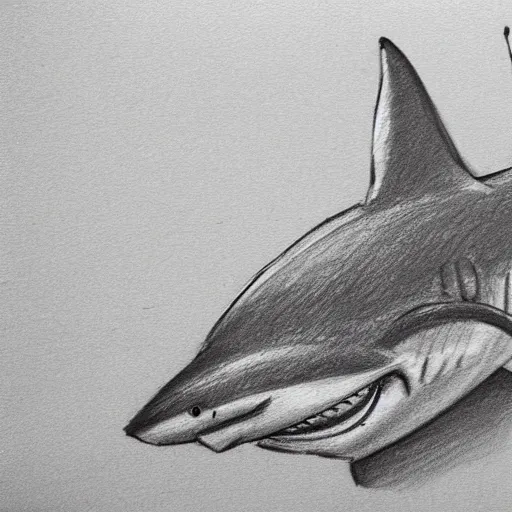 Image similar to happy shark going to work, pencil sketch, black and white