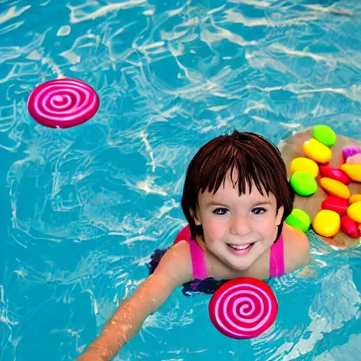 Prompt: a child swimming in a pool full of candy
