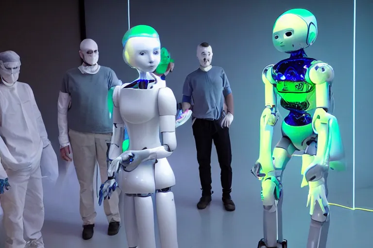 Image similar to The awakening of humanoid robots with scientists standing around them, neon.