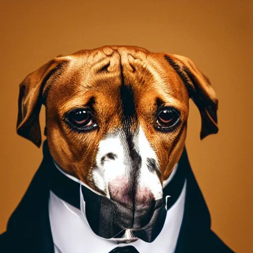 Image similar to a high detail closeup photograph of a dog wearing a suit 👔,and smoking a cigarrette🚬, award wining photograph, digital art