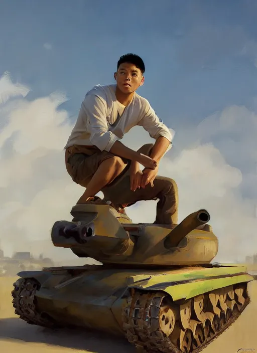 Prompt: greg manchess portrait of a filipino young man sitting on a tank, asymmetrical, profile picture, organic painting, sunny day, matte painting, bold shapes, hard edges, street art, trending on artstation, by huang guangjian, gil elvgren, ruan jia, randy vargas, greg rutkowski