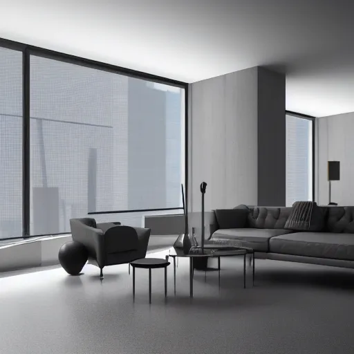 Image similar to brutalist open living room, big windows, showing city landscape on background, minimalist architecture, minimalist furniture, octane render, high quality, 8 k, post production