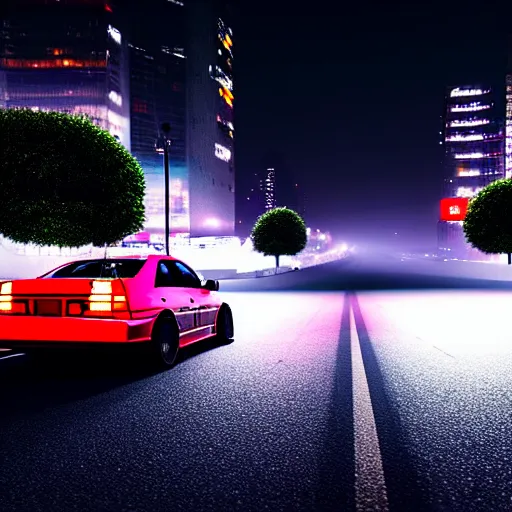 Image similar to a car JZX90 twin turbo drift spec in middle of road, Saitama prefecture, city midnight mist lights, cinematic lighting, photorealistic, highly detailed wheels, high detail