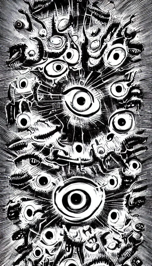 Image similar to a storm vortex made of many demonic eyes and teeth, by steve argyle