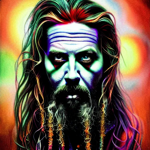 Image similar to An extremely psychedelic portrait of Rob Zombie, surreal, LSD, face, detailed, intricate, elegant, lithe, highly detailed, digital painting, artstation, concept art, smooth, sharp focus, illustration