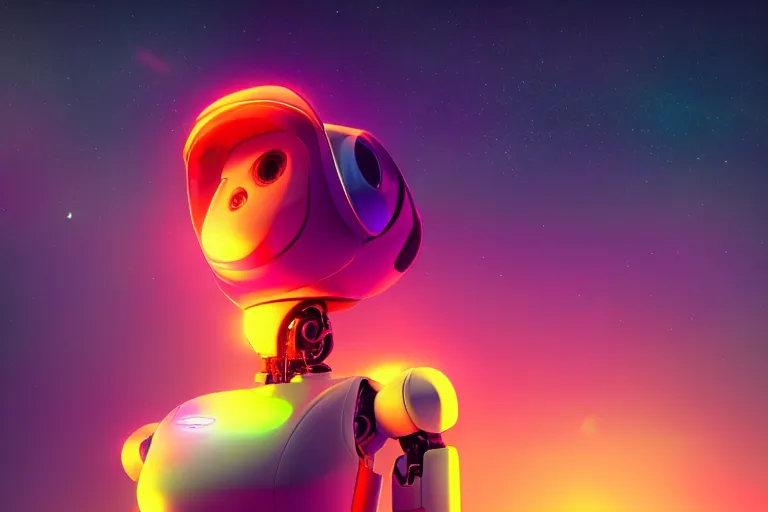 Image similar to a beautiful calm robot girl looking up to the stars, photograph, colorful background, render, 3 d, render, 8 k, 4 d,