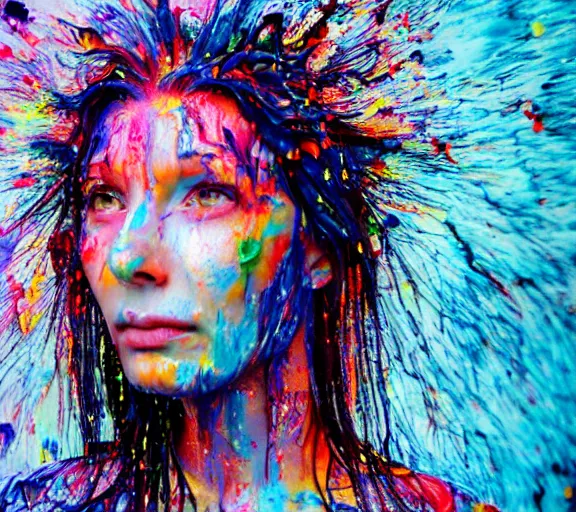 Prompt: still shot footage of a portrait of a female angel's head made of acrylic pour and coloured powder explosion and splashing paint and dripping paint and flying paint chunks, closing eyes, motion blur, hyperrealistic, medical, intricate art photography, hyperrealistic, anatomically correct, realistic crisp textures, 1 6 k