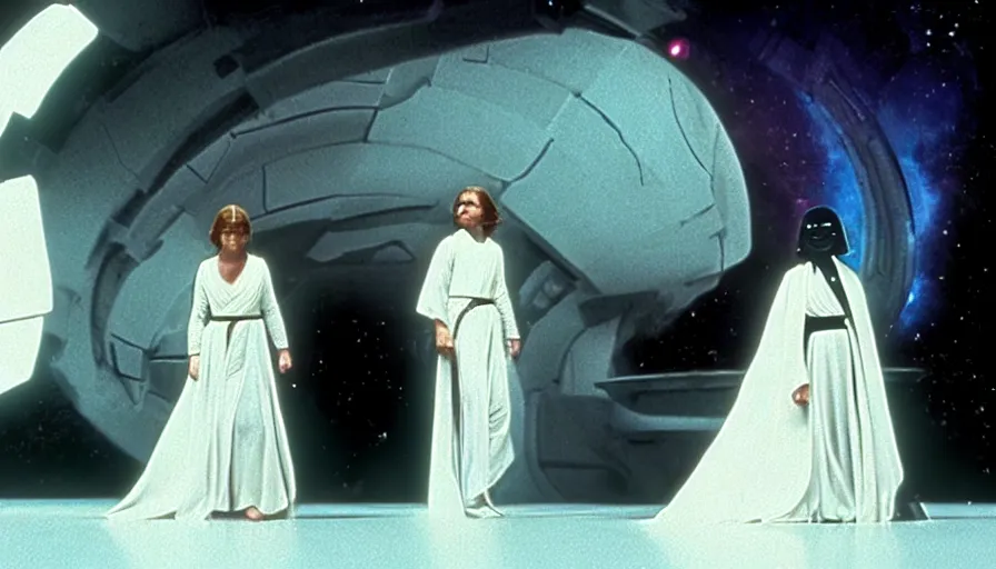 Image similar to screenshot portrait of Luke Skywalker and Princess Leia, facing off against an incredibly haunting female sith lord in white, on a sith planet of purple magic maelstrom, iconic scene from the 1970s sci fi thriller film by Stanley Kubrick, HR Geiger, stunning cinematography, hyper-detailed, sharp, anamorphic lenses, kodak color stock, 4k, stunning