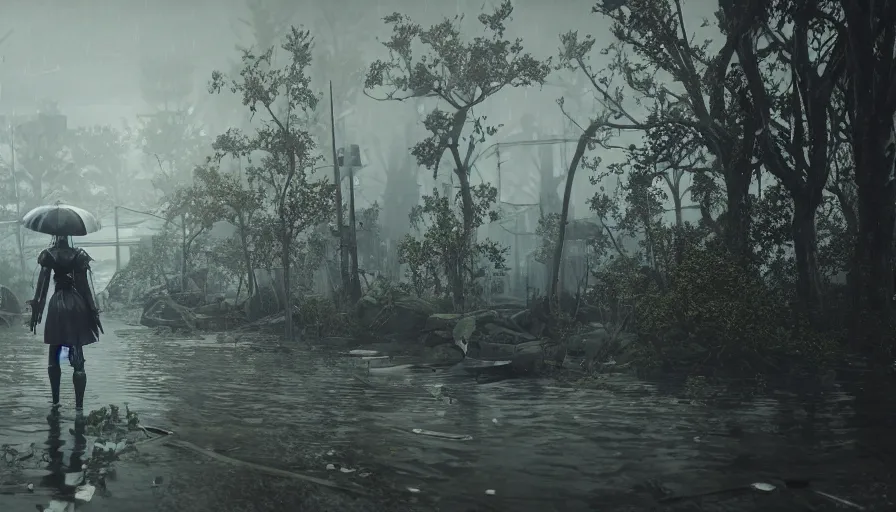 Image similar to nier automata yorha type 2 b walking in post apocalyptic flooded city, rainy melancholy day, dense vegetation, unreal engine, cryengine, epic engine, volumetric lighting, ray tracing, rtx on, exposure, god rays, overcast, ambient lighting, blooming flowers, 3 d render, cinematic, subtle dof