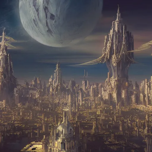 Prompt: baroque utopian cityscape in the sky, sci-fi, dreamlike, surreal, angels, cinematic, 8k, unreal engine, fantasy concept art,