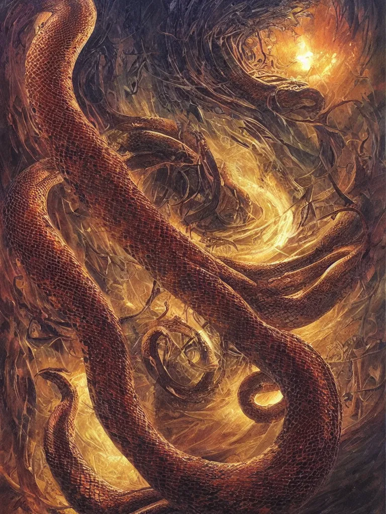 Prompt: ultradetailed painting of a slithering serpent, chaotic primordial scene, volumetric lighting, tarot card by Karol Bak