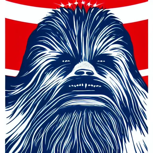 Image similar to chewbacca presidential election poster showing close up of chewbacca face red and blue duotone by sheperd fairey no text