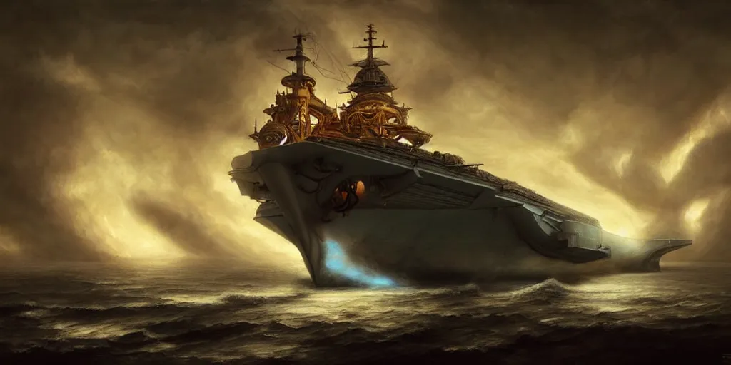 Image similar to a viking style aircraft carrier, by Rolf Armstrong and Evelyn De Morgan and Bastien Lecouffe-Deharme, dramatic lighting, high contrast colors, baroque, empyrean, panoramic view, as trending on Artstation, highly detailed, doom engine,