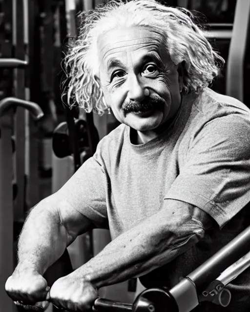 Prompt: a portrait of albert einstein working out at the gym looking buffed up, highly detailed, trending on artstation, bokeh, 9 0 mm, f / 1. 4