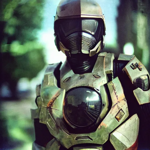 Image similar to realistic photoshooting for master chief, color film photography, autochrome, close up, photo in style of tyler mitchell, 3 5 mm,