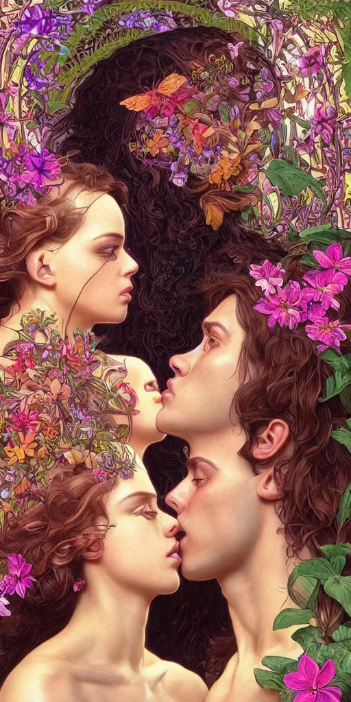 Prompt: adam and eve, intense eyes, embracing, kissing, vaporwave aesthetic, synthwave, colorful, psychedelic, garden of eden, crown, flowers, bees, butterflies, ribbons, ornate, intricate, digital painting, artstation, concept art, smooth, sharp focus, illustration, art by artgerm and greg rutkowski and alphonse mucha