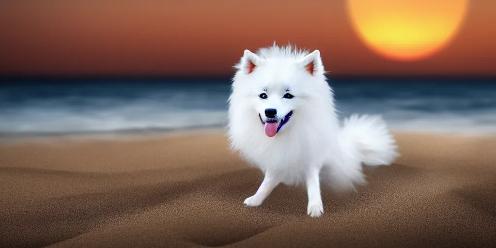 Image similar to a closeup photorealistic photograph of a cyborg japanese spitz on the beach at sunset. part dog part machine, pipes and wires glowing eyes. this 4 k hd image is trending on artstation, featured on behance, well - rendered, extra crisp, features intricate detail and the style of unreal engine. golden hour