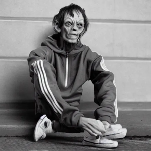 Prompt: gollum smokes cig in adidas tracksuit