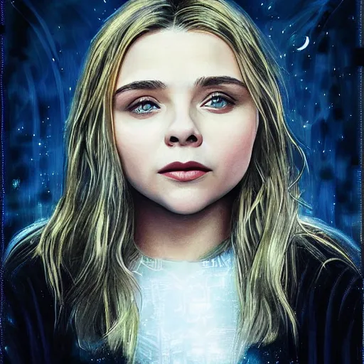 Image similar to “ chloe grace moretz portrait as a wizard from hogwarts, poster, digital drawing, realistic, sharp focus, magic, magic wand, spells, stars, creatures ”