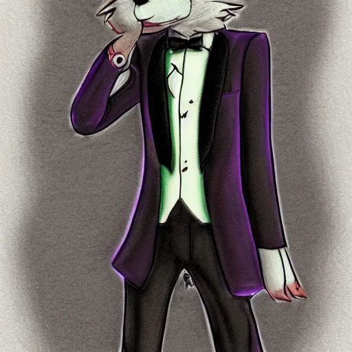 Image similar to colored pencil sketch of an anthropomorphic male purple fox furry fursona in a tuxedo with medium length black hair, handsome eyes, trending on artstation, furaffinity, posing with hands in pocket