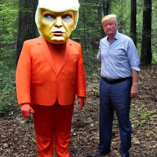 Image similar to A photo of donald trump with an alien in the woods