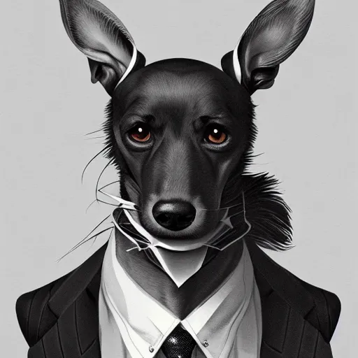 Image similar to ripped physique crown collar leash Man portrait Sherlock Patrick Bateman snout Detective Anthropomorphic furry fuzzy fashion vogue Dachsund man wearing a Dachsund costume wearing an Executive costume gerald brom bastien grivet greg rutkowski norman rockwell portrait face head snout ears eyes illustration tombow