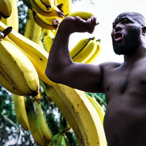 Image similar to big angry black maneating bananas in the hood, 8k resolution, full HD, cinematic lighting, award winning, anatomically correct