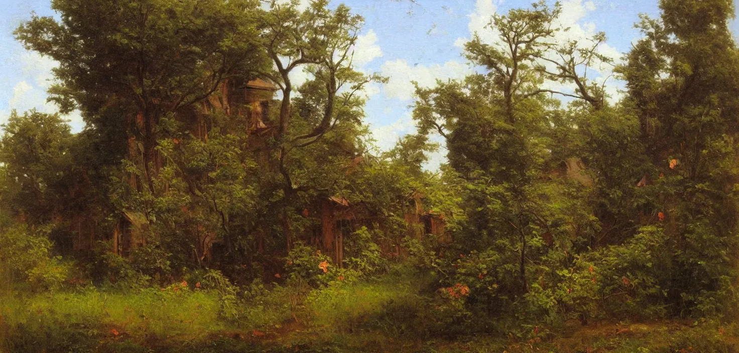 Prompt: Huge flowers growing on tree trunks and holes in buildings, Hudson River school