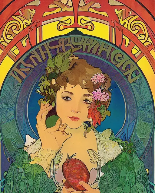 Image similar to a Poster of a bacalaito fritter with tropical iconography of a variety of tropical flora, cell shading, by Alphonse Mucha, Moebius, hiroshi yoshida, Art Nouveau, colorful, ultradetailed, vivid colour, 3d