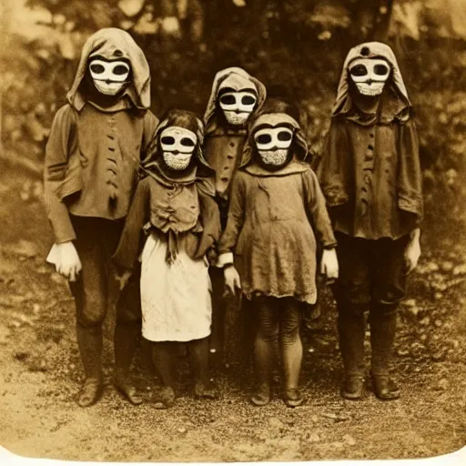 Image similar to portrait of children wearing plague masks, photograph, style of atget, 1 9 1 0, creepy, dark