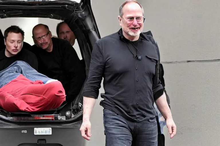 Prompt: elon musk with a dead body of steve jobs, backrooms