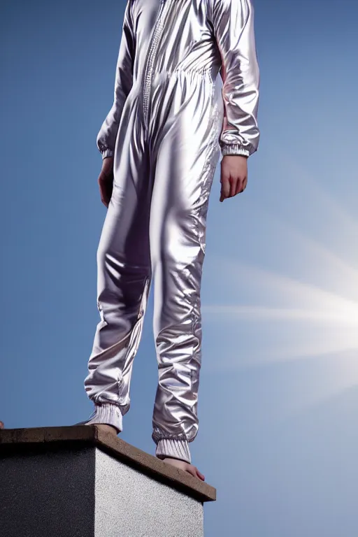 Image similar to un ultra high definition studio quality photographic art portrait of a young man standing on the rooftop of a british apartment building wearing soft baggy inflatable padded iridescent pearlescent jumpsuit. three point light. extremely detailed. golden ratio, ray tracing, volumetric light, shallow depth of field. set dressed.