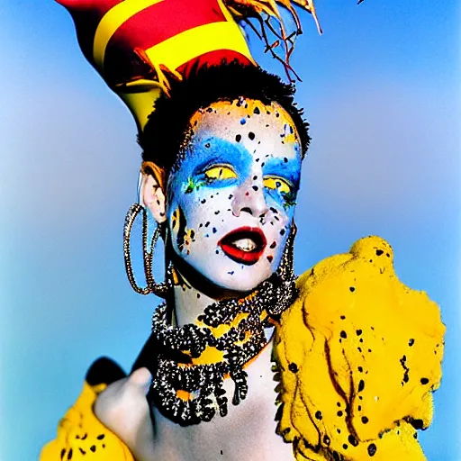 Prompt: court jester supermodel, editorial a beautiful professional photograph by herb ritts and ellen von unwerh, a beautiful lightly freckled and unusually attractive female fashion model, paint splash, blue, yellow, green, red, white, black, 1 9 9 0 s