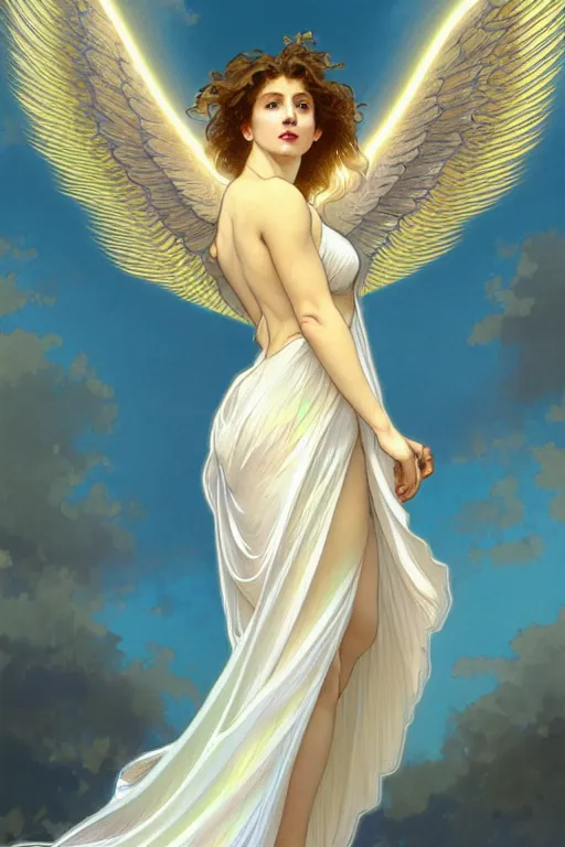 Prompt: fullbody portrait of a beautiful young fit woman angel with curly blond hairs, soft smile, closed eyes, blessing palms, dressed in long fluent skirt, majestic symmetrical eagle wings, luminous halo, by greg rutkowski and alphonse mucha, gradient white to gold, in front of an iridescent background, highly detailed portrait, digital painting, smooth, glowing outline, focus illustration