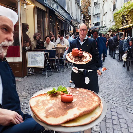 Prompt: Portrait of dutch chefs impressing impressing french people with pancakes in a street in Paris, by Steve McCurry and David Lazar, natural light, detailed face, CANON Eos C300, ƒ1.8, 35mm, 8K, medium-format print