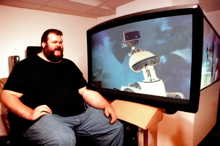 Prompt: large man with a robot arm sitting in a gamer chair, from 1999, bathed in the glow of a crt television, crt screens in background, low-light photograph, in style of terry richardson