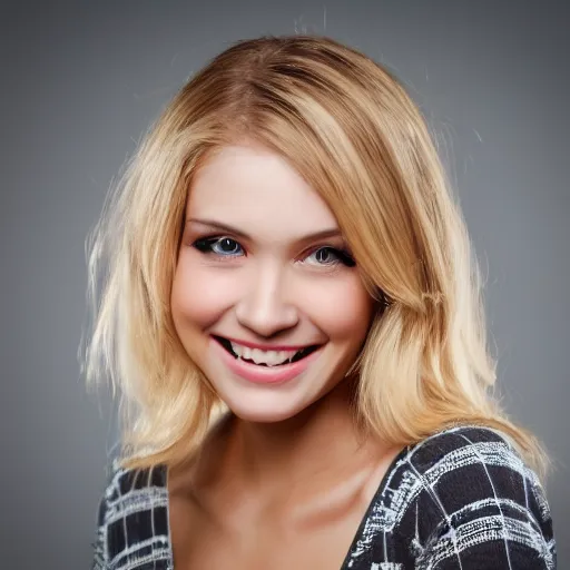 Prompt: photo of georgous blonde girl smiling at the camera