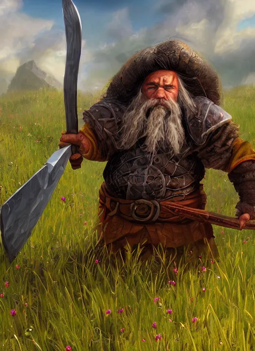Image similar to A fantasy comic book style portrait painting of a axe wielding fantasy d&d dwarf in a open meadow field in the summer, unreal 5, DAZ, hyperrealistic, octane render, RPG portrait, ambient light, dynamic lighting