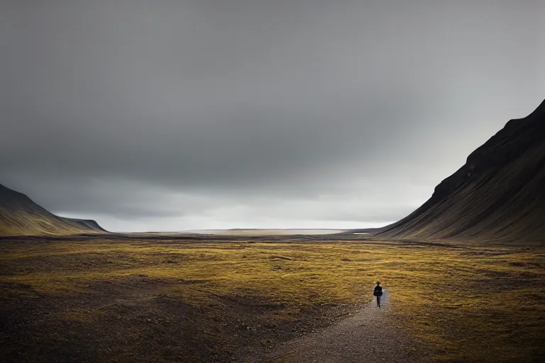 Image similar to a cinematic wide angle photograph of a traveller walking through a vast serene icelandic landscape, beautiful lighting, high depth, ultra realistic, artistic, by michal karcz and john harris